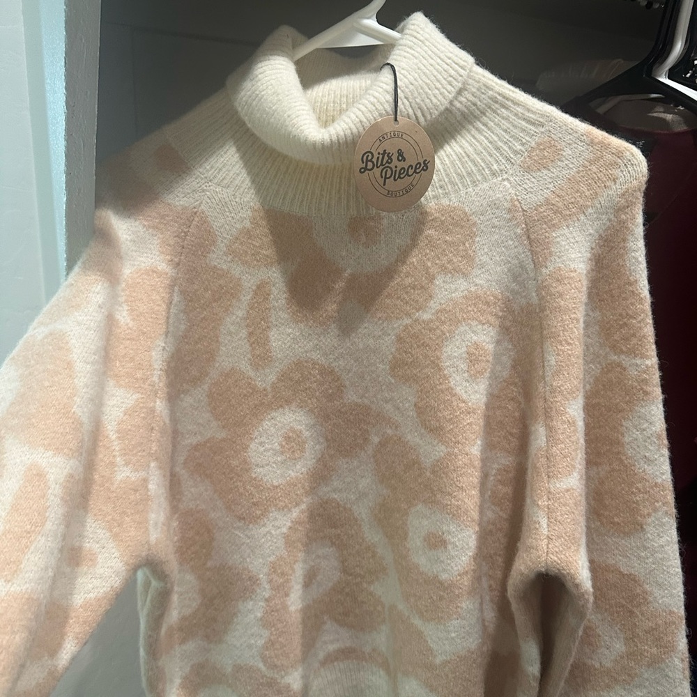 Lush Cream and Tan Floral Turtleneck Sweater